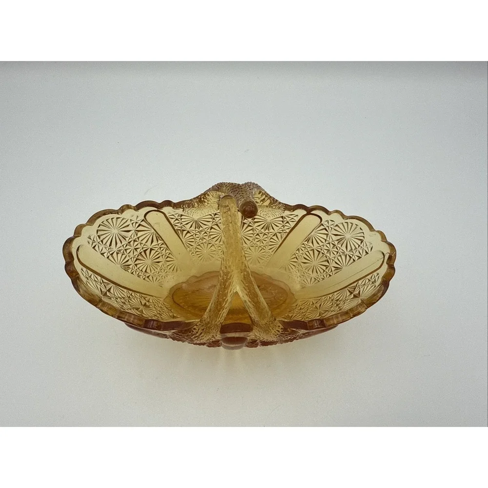 Vintage Fenton Honey Amber Daisy Button Glass Basket Dish with Split Twig Handle